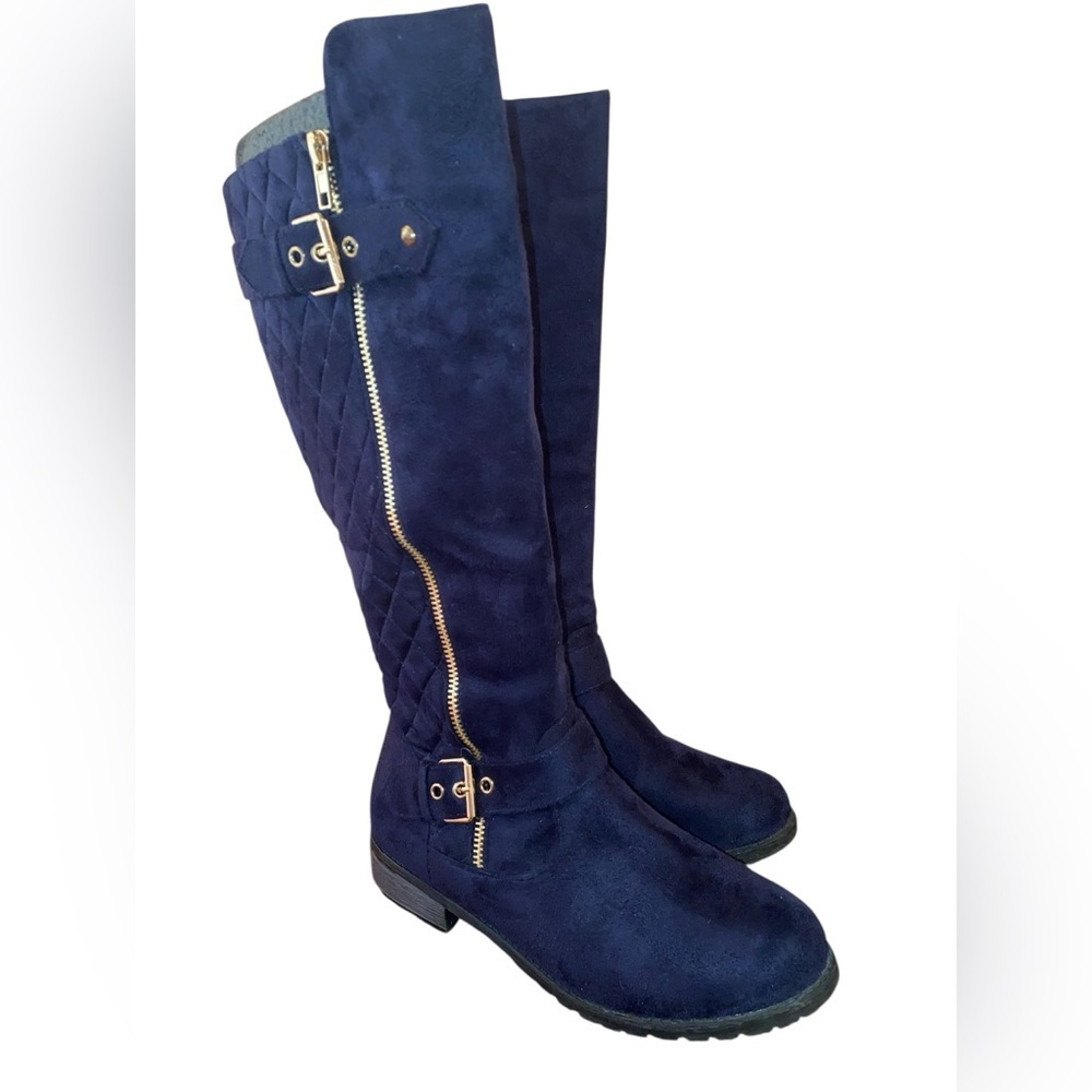 FOREVER Link Mango-23 Suede Knee High Side Zip Riding Boots Black/Gold SZ 7-1/2 - Picture 6 of 11